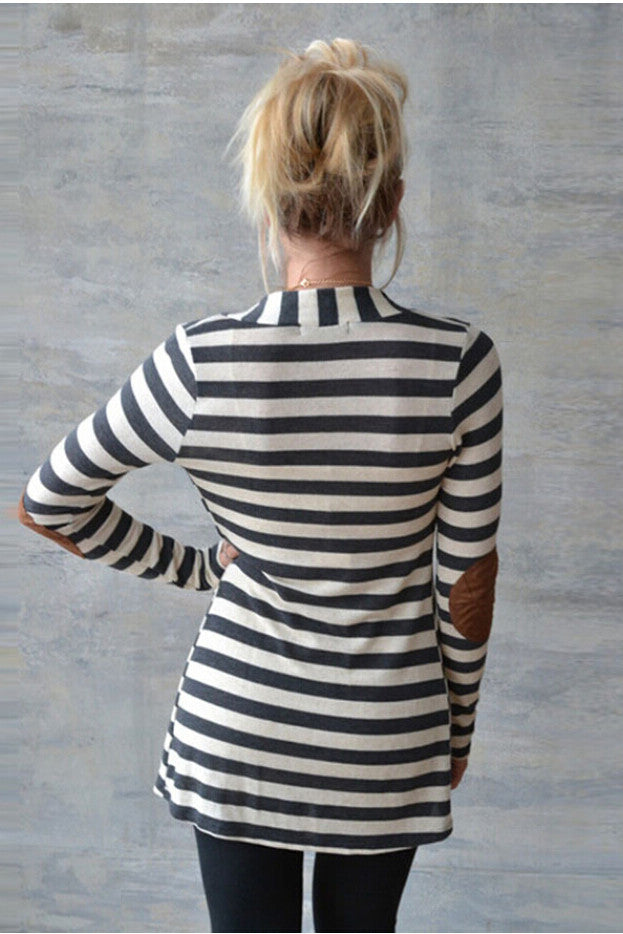 LONG SLEEVES STRIPED V-NECK PATCHWORK CARDIGAN