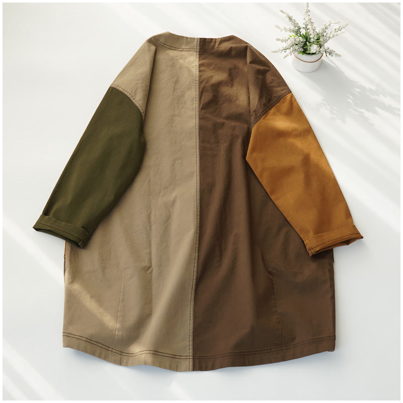 Plus Size Women Retro Color Block Mid-Length Loose Jacket