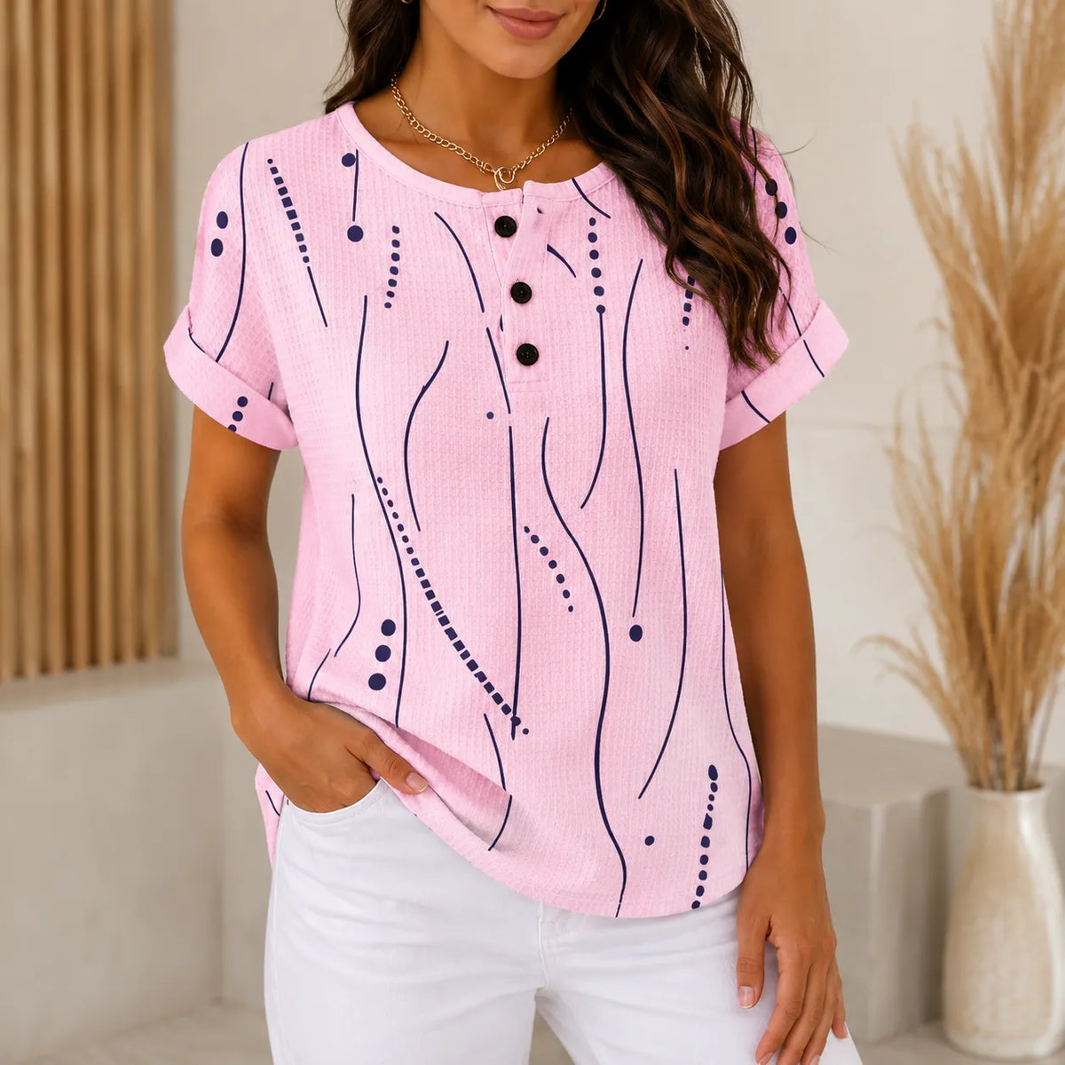 Abstract Print Waffle Top with Button Placket
