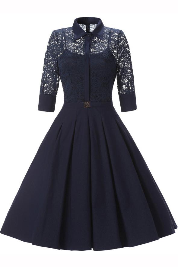 LACE LONG SLEEVES SOLID SPLICING PLEATED SHORT DRESS