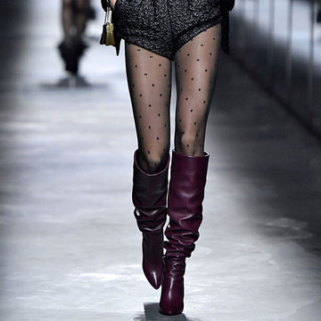 LEATHER POINT TOE FOLD HIGH HEEL KNEE HIGH BOOTS