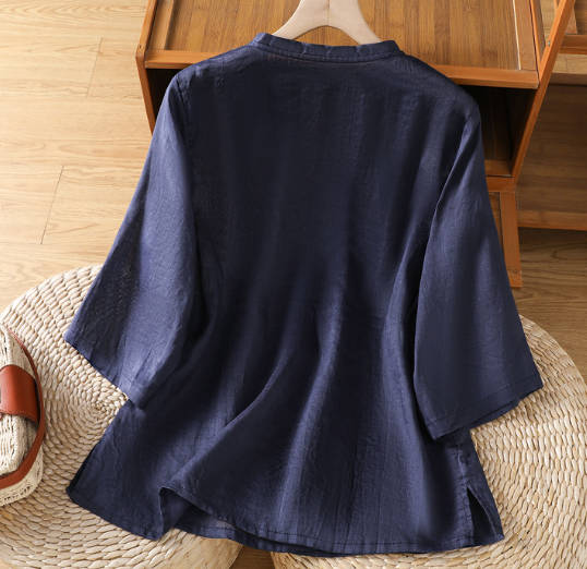 Vintage Embroidered Loose Linen V-Neck Mid Sleeve Top Shirt
