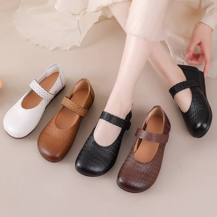 Retro Leather Woven Round Toe Comfortable One Straped Velcro Flats