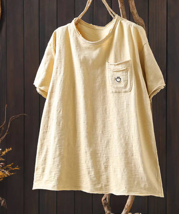 Solid Color Cotton Casual Round Neck With Pockets T-Shirts