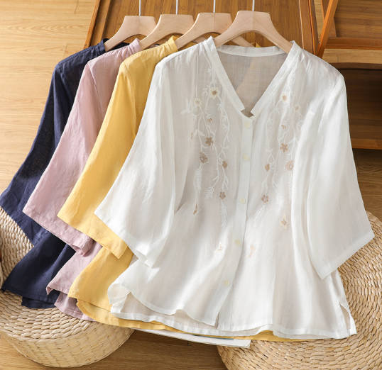 Vintage Embroidered Loose Linen V-Neck Mid Sleeve Top Shirt