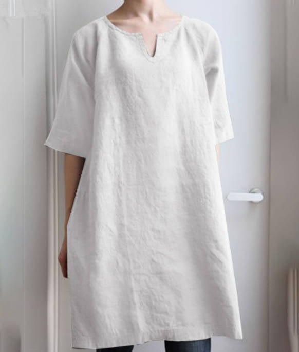 Spring Linen Solid Color Loose V-neck Short Sleeve Dress