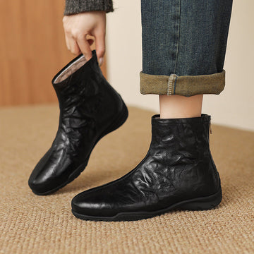 Winter Sheepskin Leather Solid Color Wool-In Soft Flat Sole Ankle Boots
