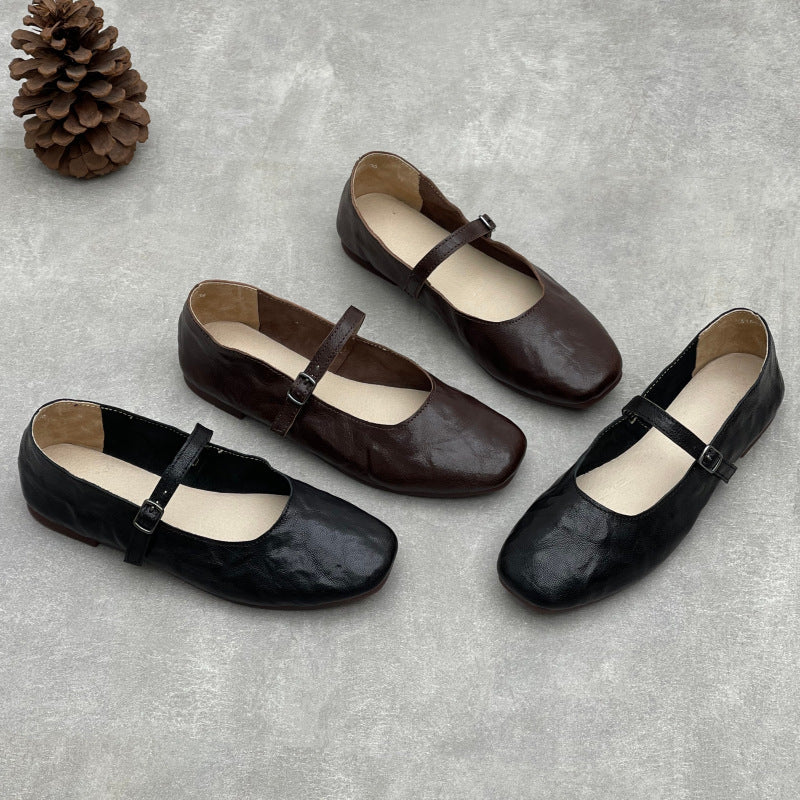 Retro Sheepskin Round Toe One Straped Shallow Soft Sole Flats
