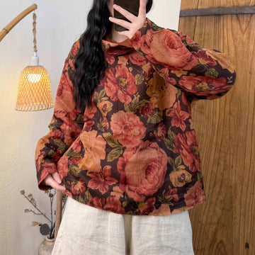 Spring Ramie Retro Casual High Neck Double-Layer Floral Tops