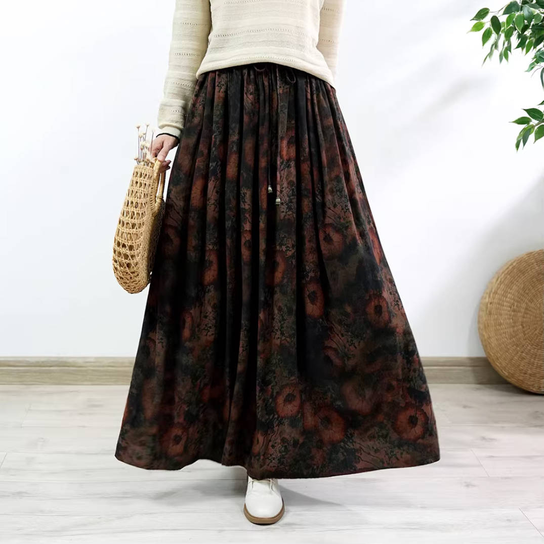 Spring Retro Cotton Linen Printed High Elastic Waist Slim A-Line Skirt