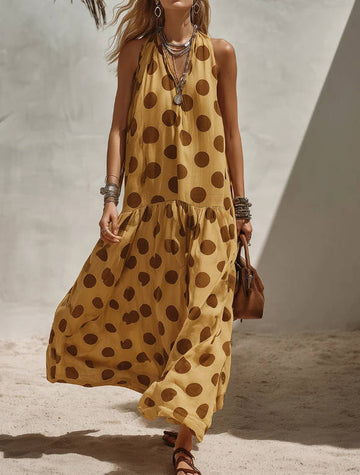 Summer V Neck Polka Dot Vacation Style Sleeveless Loose Long Dress
