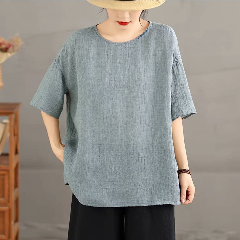 Spring Linen Round Neck Thin Half Sleeves Loose Casual Tops