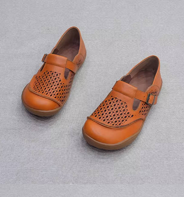 Retro Top Grain Leather Hollow Out Soft Buckle Flats