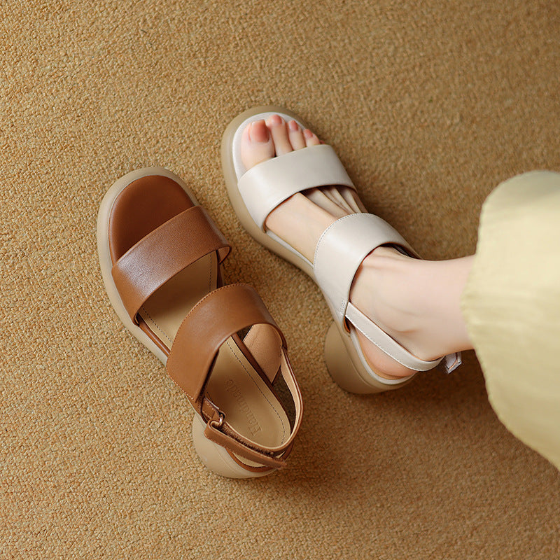 Elegant Sheepskin Leather Open Toe One Straped Velcro Chunky Sandals