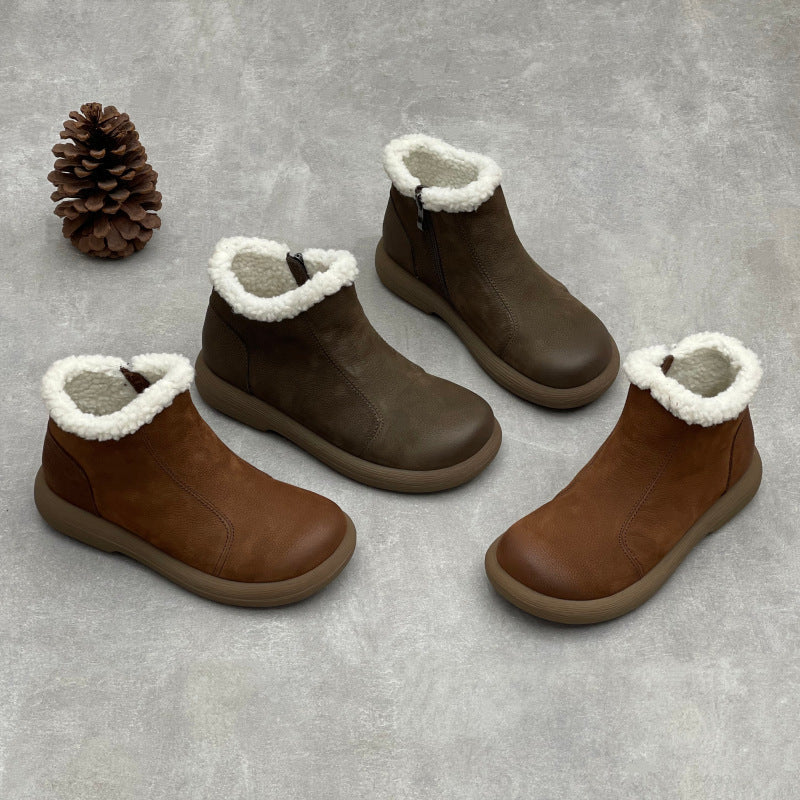 Genuine Leather Soft Sole Warm Fleece-Lined Zipper Ankle Boots