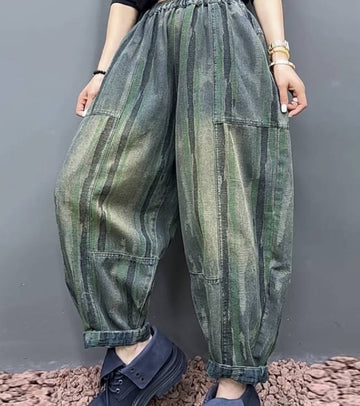 Spring Vintage Denim Striped Print Denim Loose Harem Pants
