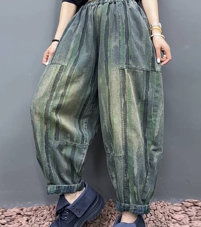 Spring Vintage Denim Striped Print Denim Loose Harem Pants