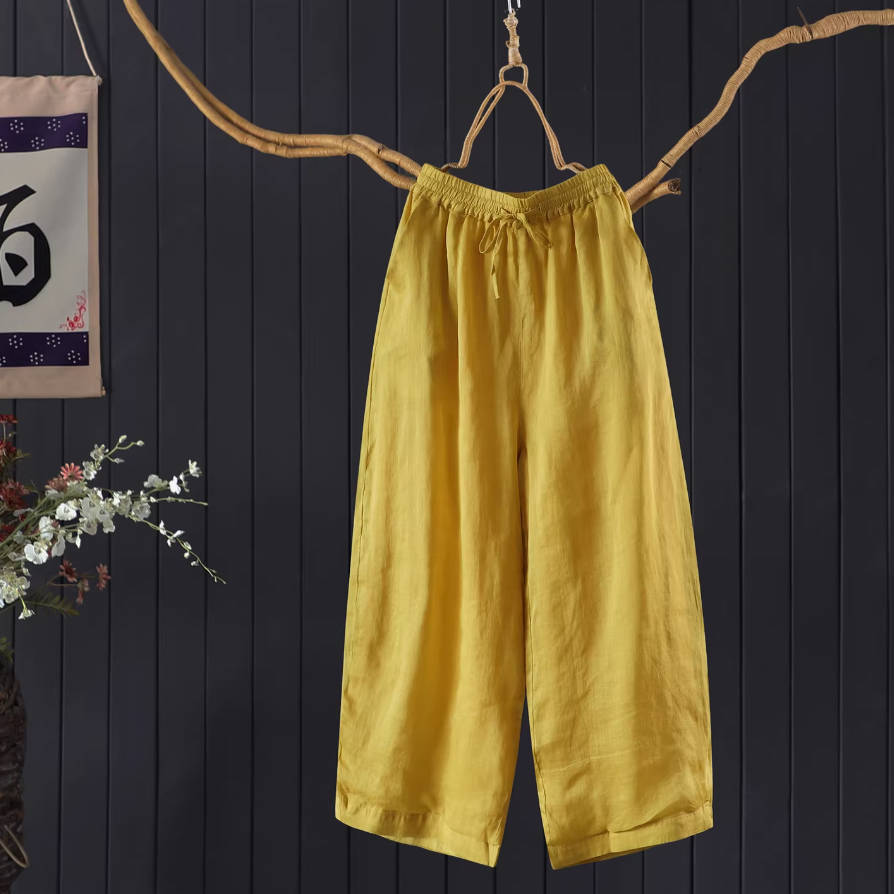 Summer Retro Ramie Think Breathable Elastic Waist Pocket Pants