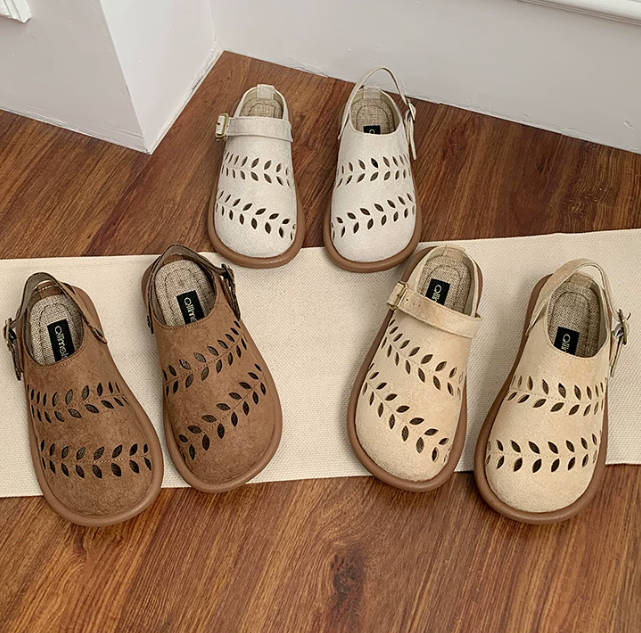 Vintage Women Leaf Hallow out Open-Back Mule Sandals Slip-On