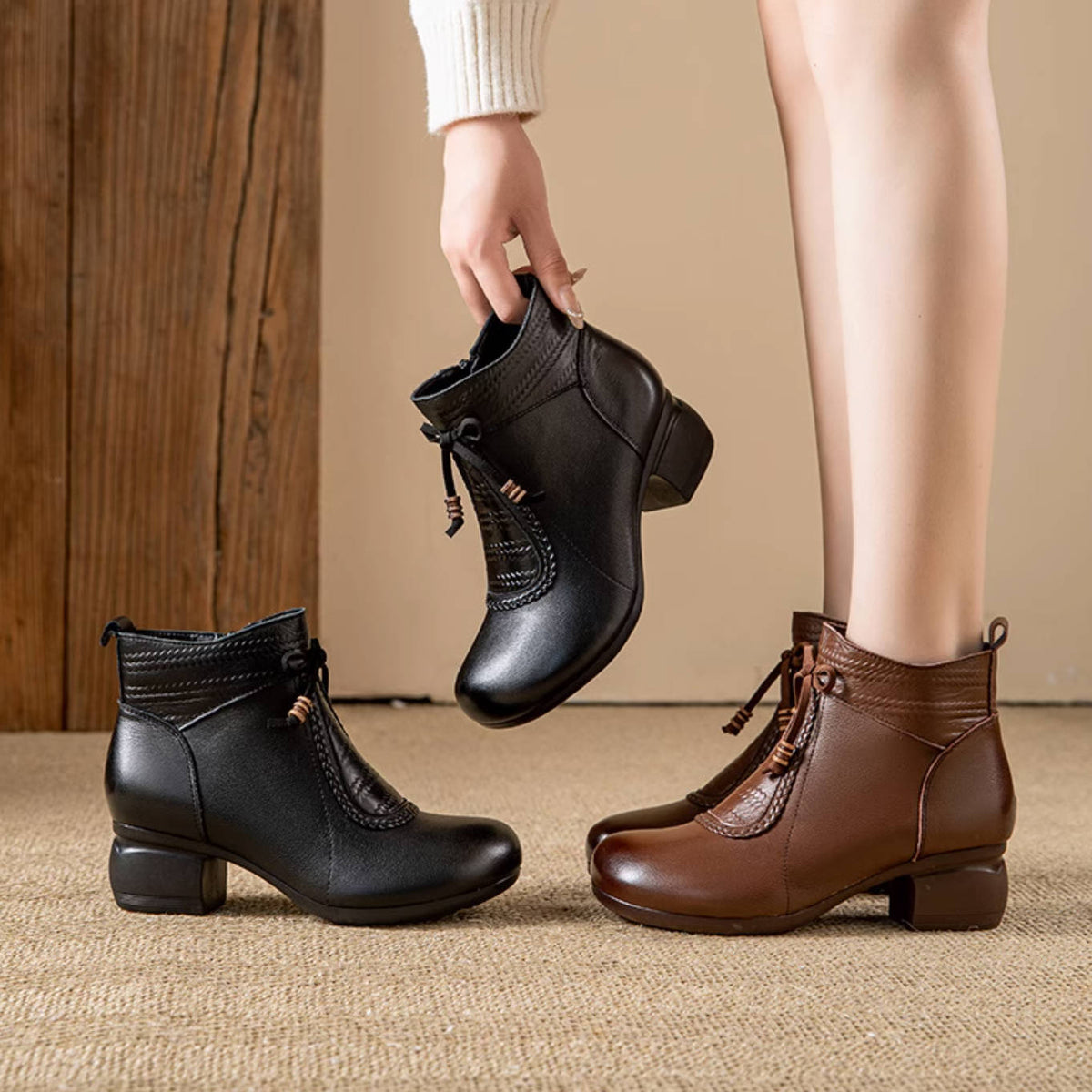 Ethnic Style Leather Chunky Heel Round Toe Side Zipper Boots