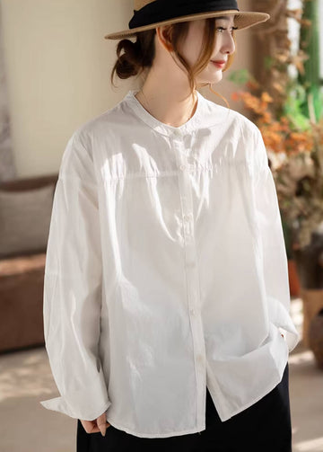 Solid Color Cotton Retro Round Neck Thin Soft Loose Casual Shirts