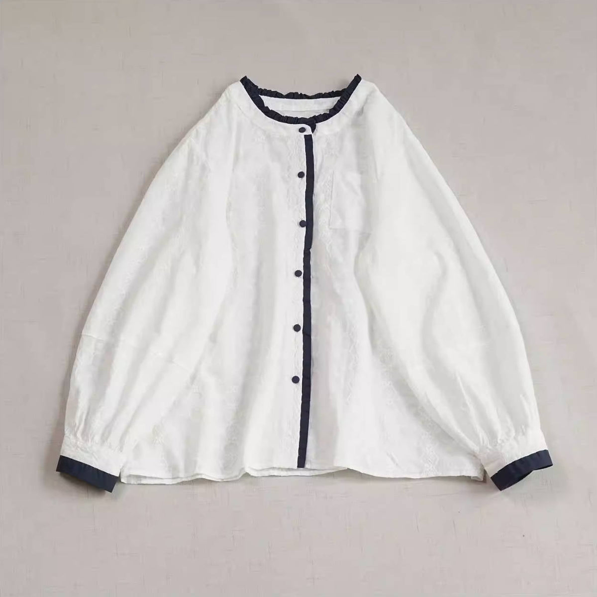 Spring Cotton Ruffled Neck Patchwork Embroidered Single-Breasted Shirt