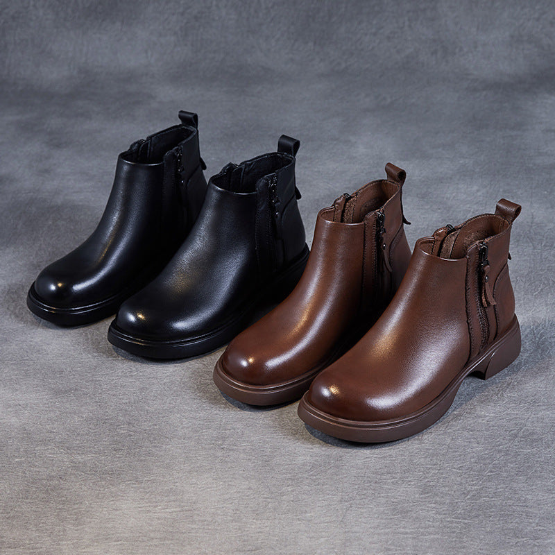 Retro Leather Casual Soft Flat Sole Simple Zipper Ankle Boots