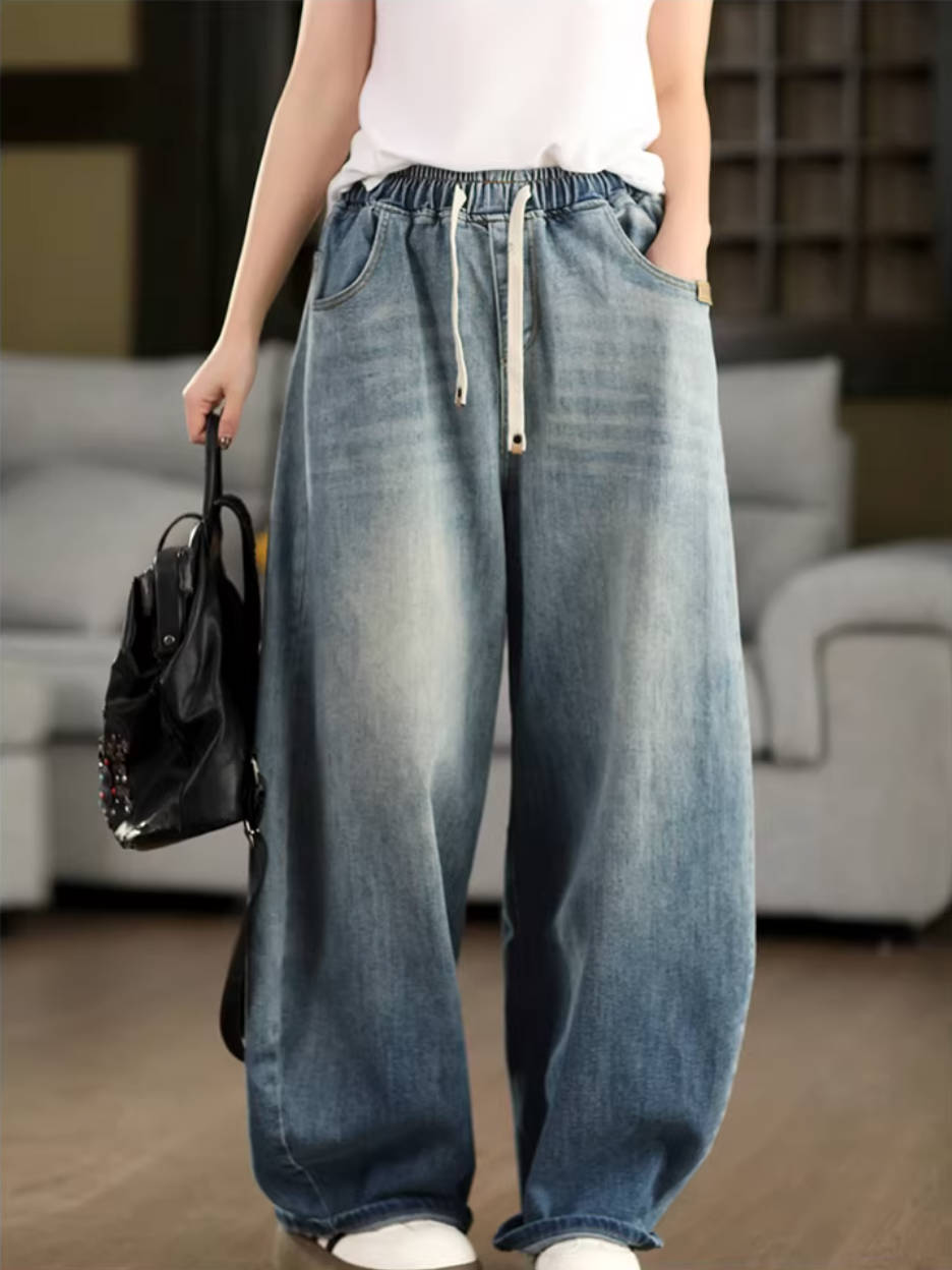 Spring Vintage Denim Classic Elastic Waist Loose Lace-Up Jeans