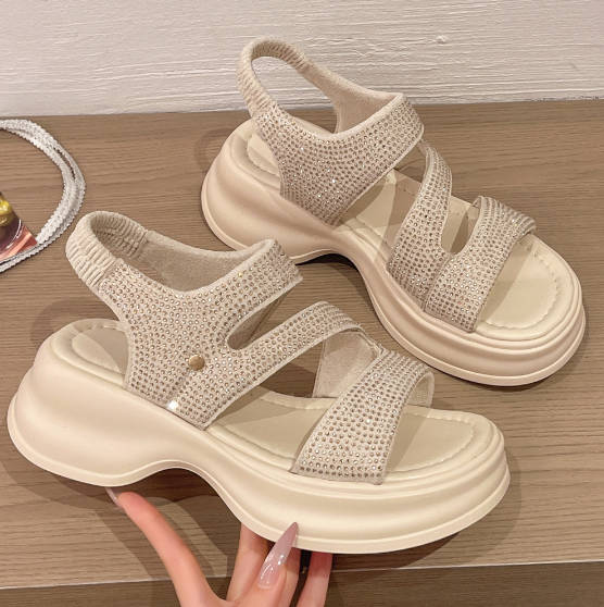Summer Versatile Open Toe Rhinestones Roman Soft Platform Sandals-A