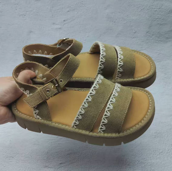 Vintage Casual Women Leather Open Toe Single T-strap Soft Sandals