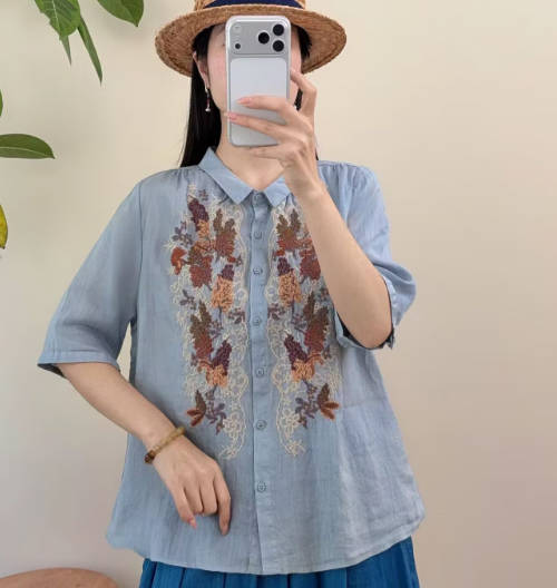 Vintage Versatile Ramie Shirt Cardigan Casual Top