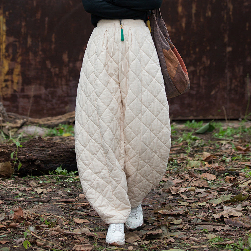Winter Cotton Warm Thick Plaid Casual Loose Lace-Up Harem Pants