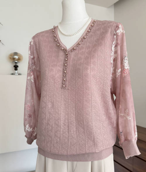 Women Autumn Loose Fit Flower Mesh Sleeves Shirt