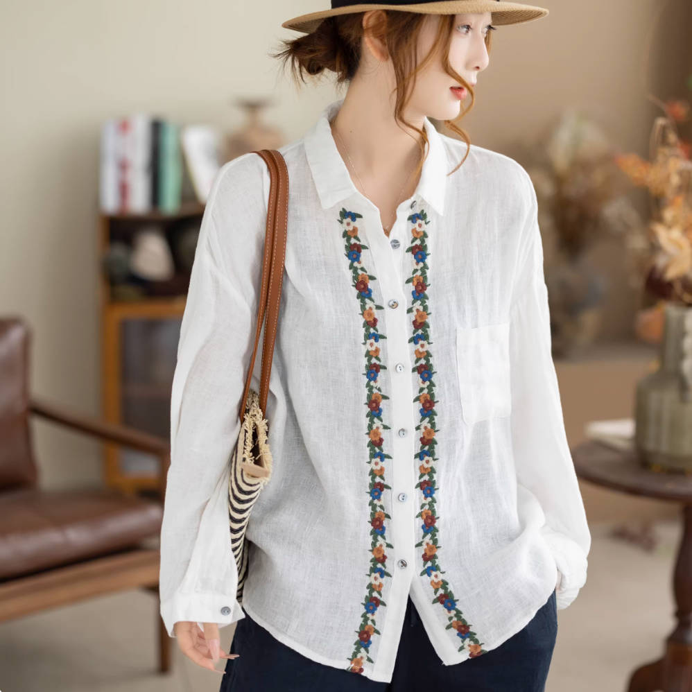Spring Retro Linen Embroidered Thin Breathable Lapel Slim Shirt