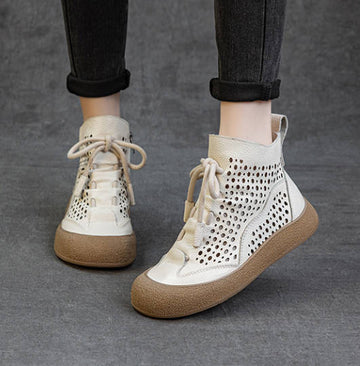 Vintage Genuine Leather Round Toe Cut Out Casual Boots