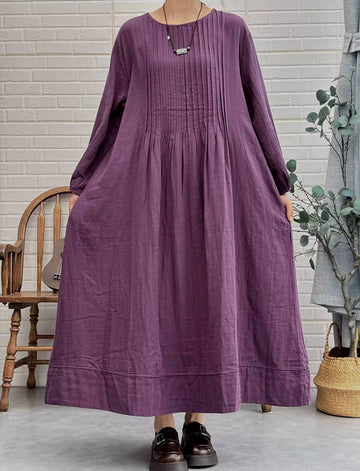 Autumn Cotton Retro Round Neck Loose A-Line Casual Dress