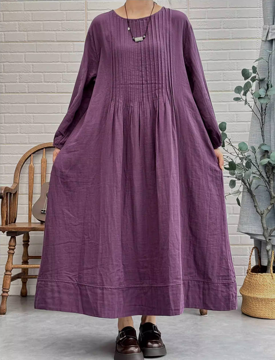 Autumn Cotton Retro Round Neck Loose A-Line Casual Dress