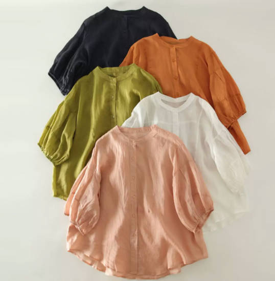 Spring Ramie Solid Color Short Sleeve Loose Fit Stand Collar Shirt
