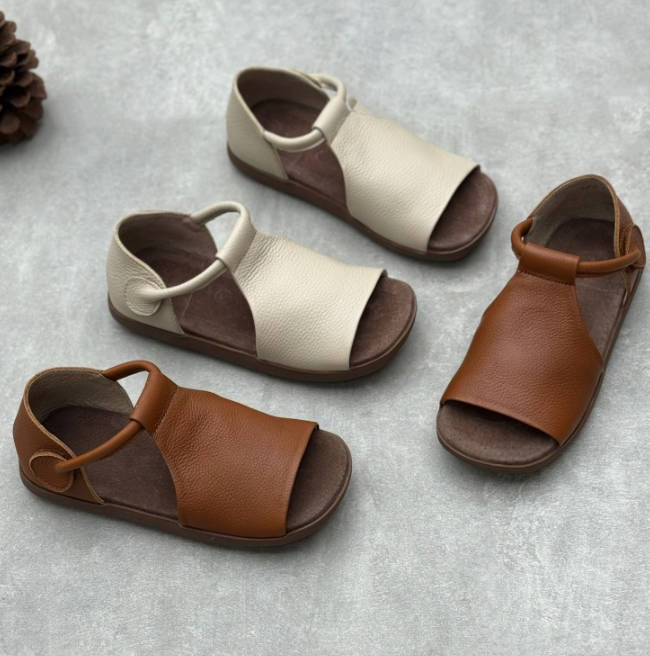 Vintage Women Genuine Leather Fish Mouth  Magic Tape Sandals