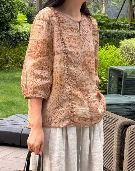 Vintage Women Ramie Round Neck Print Soft Mid-Sleeve Shirt