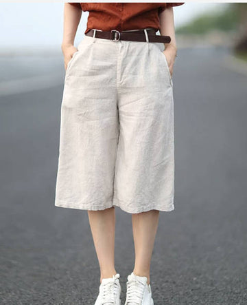 Summer Solid Color Linen Capri Casual Straight Cut Loose Pants