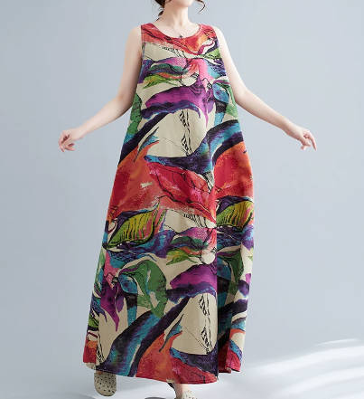 Vintage Floral Print Linen Cotton-Linen Round Neck Pullover Sleeveless Long Dress