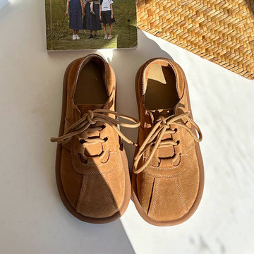 Retro Leather Sueded Round Toe Lace-Up Soft Sole Flat Shoes