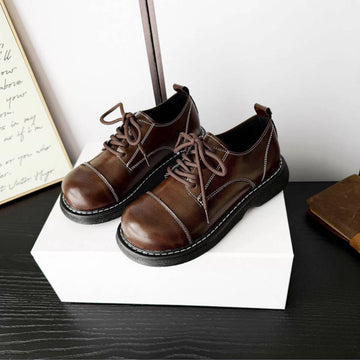 Spring Genuine Leather Round Toe Versatile Lace-Up Flat Shoes