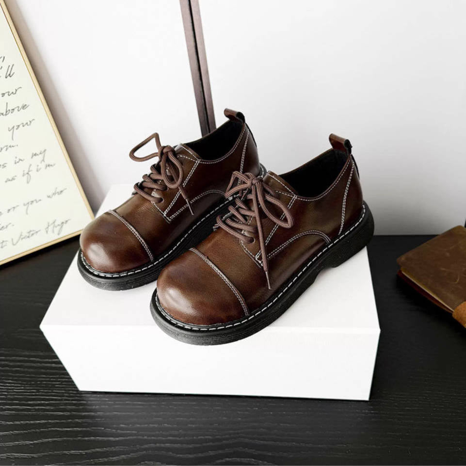 Spring Genuine Leather Round Toe Versatile Lace-Up Flat Shoes