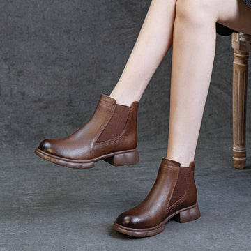 Trendy Genuine Leather Round Toe Elastic Slip-On Ankle Boots