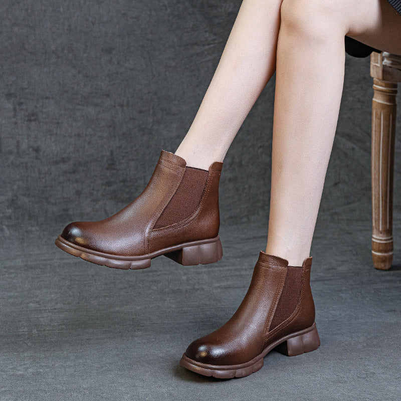 Trendy Genuine Leather Round Toe Elastic Slip-On Ankle Boots