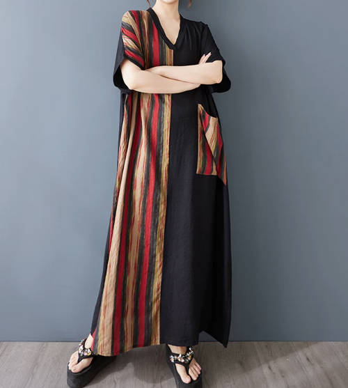 Slimming Cotton-Linen Print V-Neck Short-Sleeve Color-Block Long Top Dress