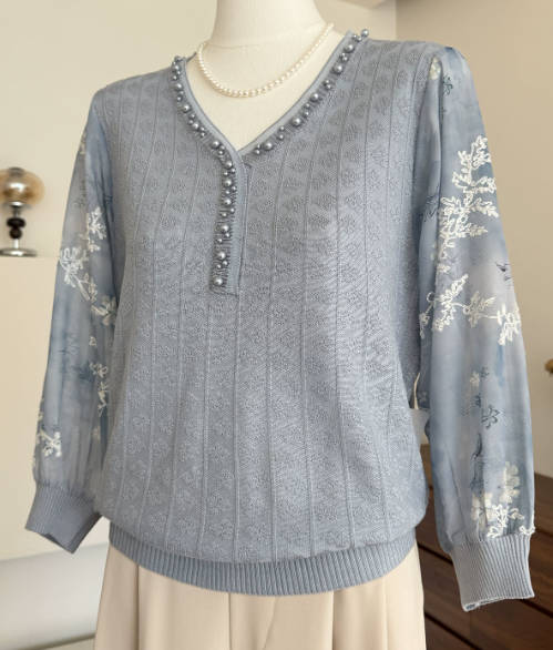 Women Autumn Loose Fit Flower Mesh Sleeves Shirt