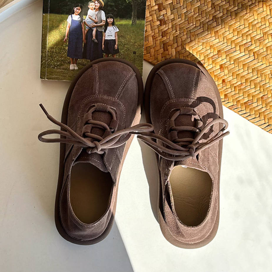 Retro Leather Sueded Round Toe Lace-Up Soft Sole Flat Shoes